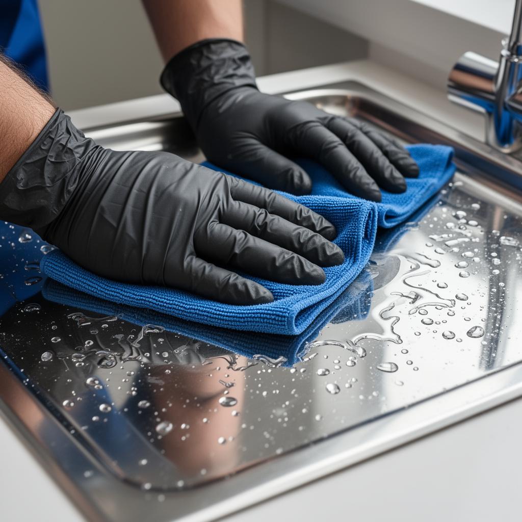 Stainless steel sink being polished to a mirror shine