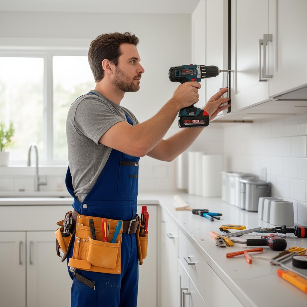 Handyman installing kitchen cabinet hardware