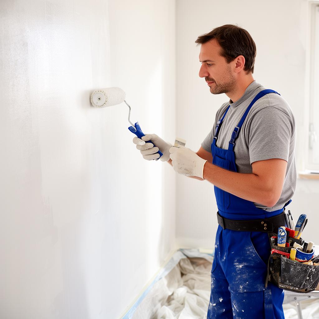 Painter rolling fresh white paint onto an interior wall