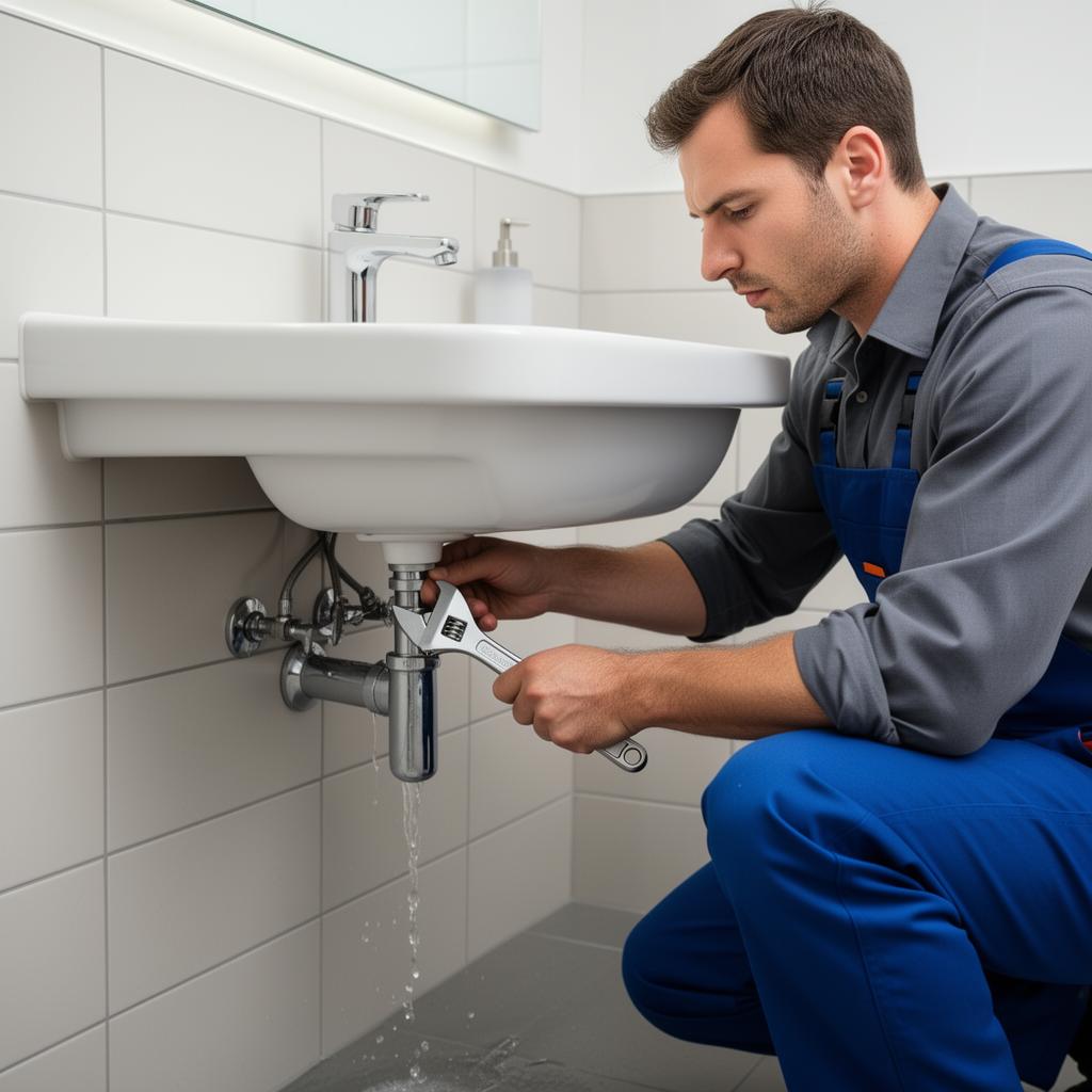 Handyman repairing a bathroom sink pipe